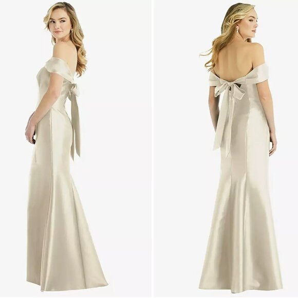 Size 8 - ALFRED SUNG Off-the-Shoulder Bow-Back Satin Trumpet Gown Cream NEW $242 - Picture 2 of 10